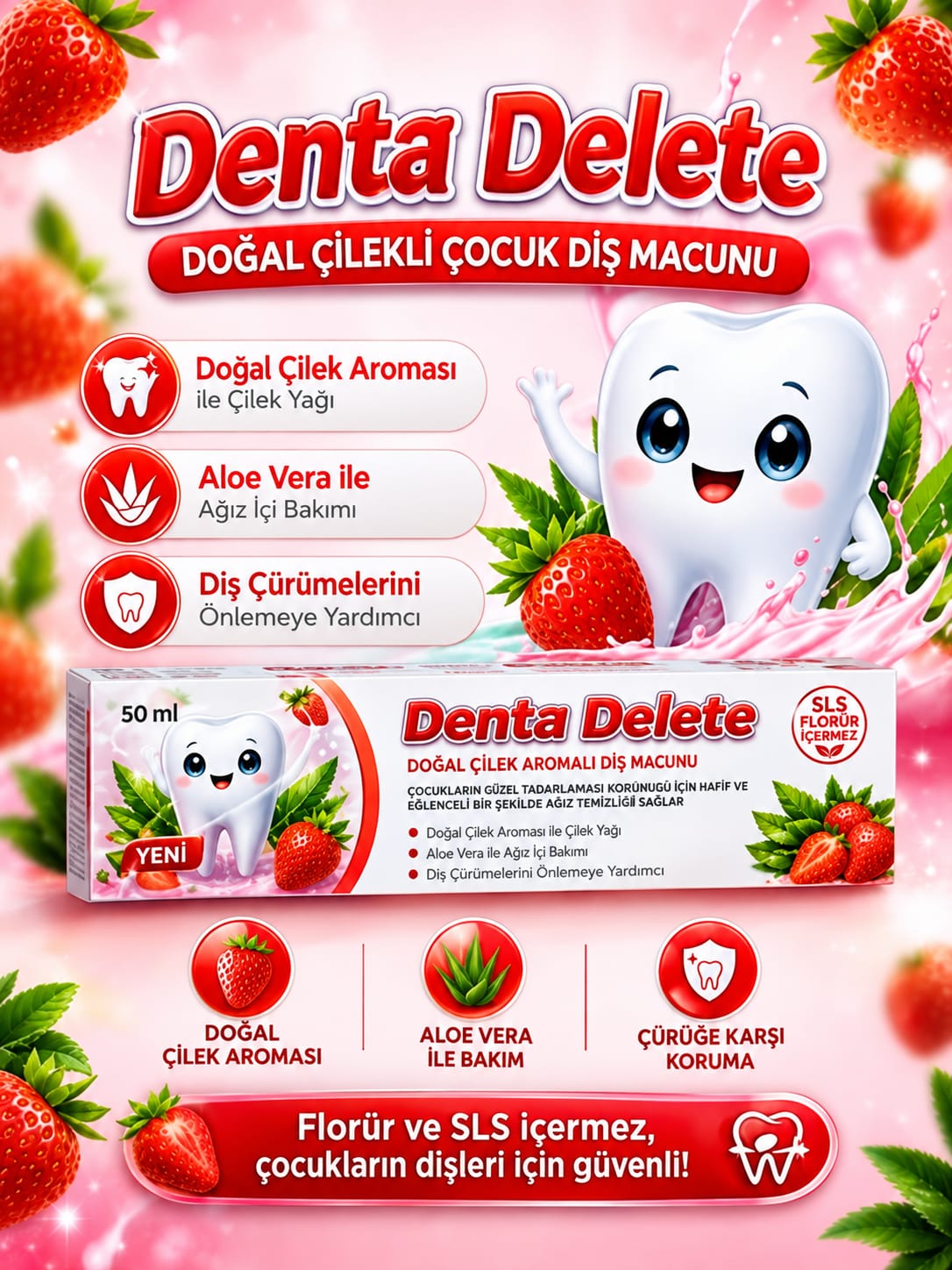 DENTA DELETE DOĞAL ÇİLEK AROMALI ÇOCUK DİŞ MACUNU